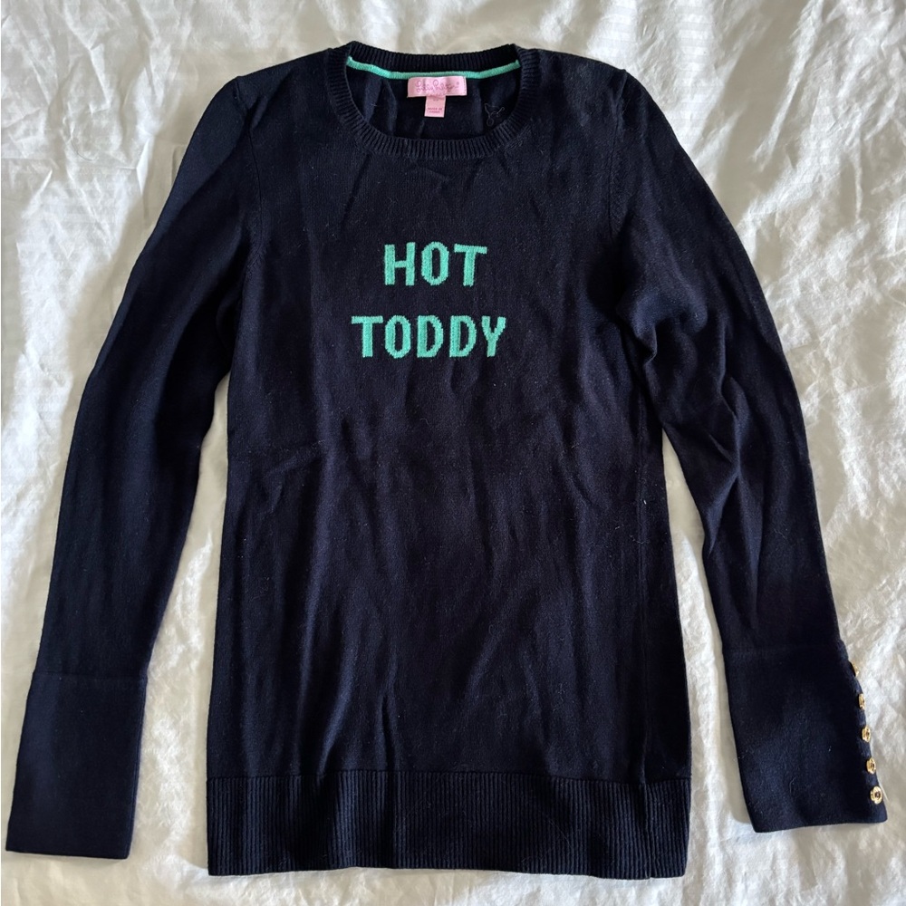 Lilly Pulitzer Navy Crewneck Sweater with Teal 'HOT TODDY' Text
